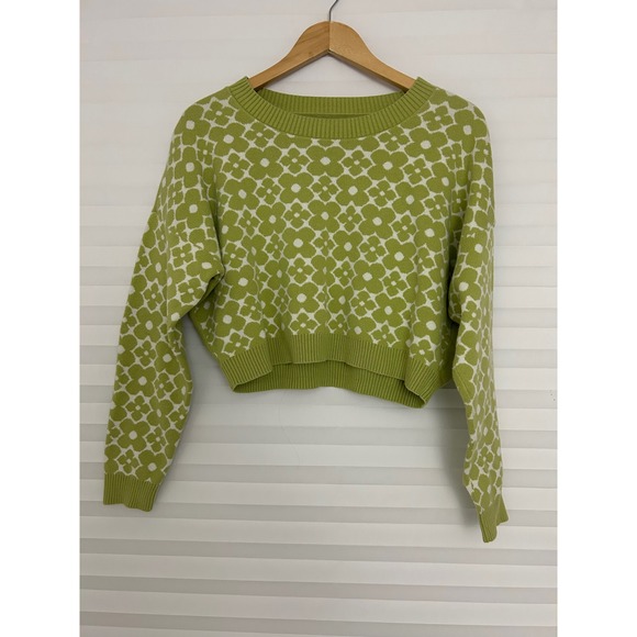 Hollister Sweaters - Hollister Green Floral Geometric Cropped Knit Sweater Womens Large 100% Cotton